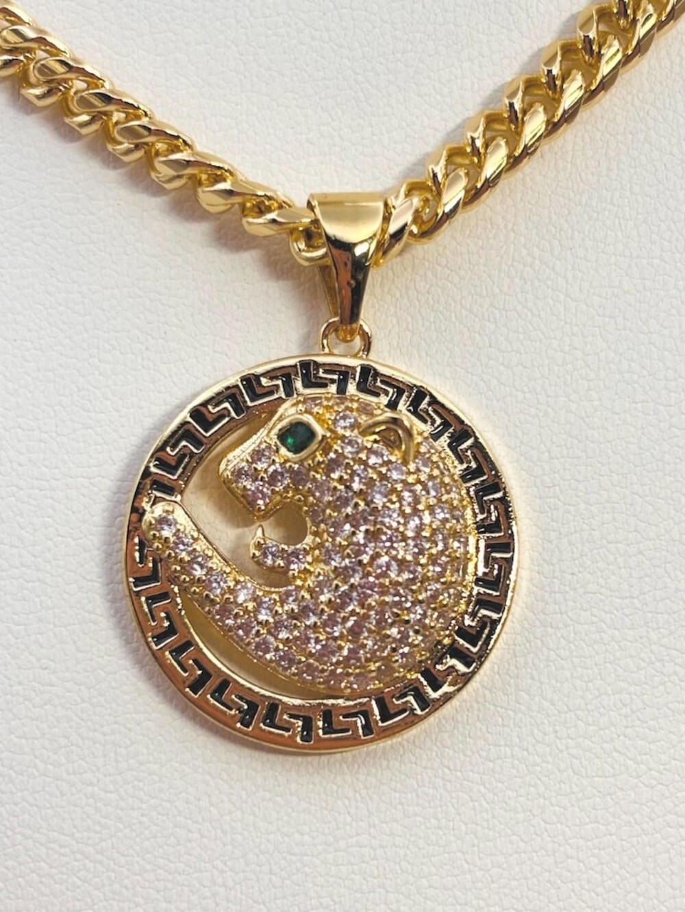 Panther, Greek Key Medallion Pendant, Iced Out Jaguar Charm, Emerald Eye